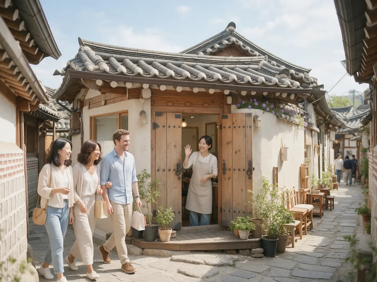 한옥 골목 미용실 사장님이 외국인 손님 세 명을 웃으며 배웅하는 모습